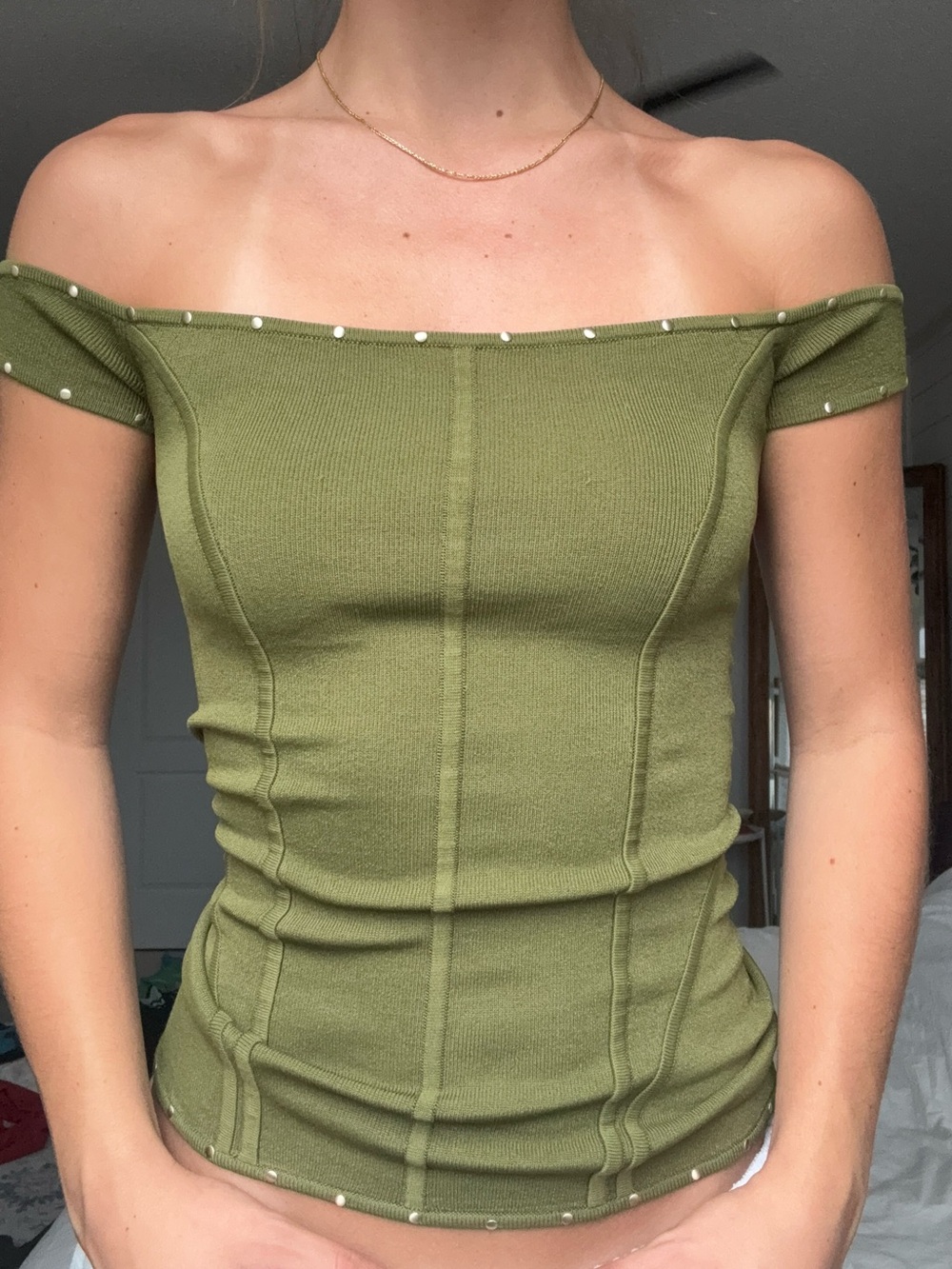 Marciano Olive Green Off-Shoulder Ribbed Top with Stud Detail